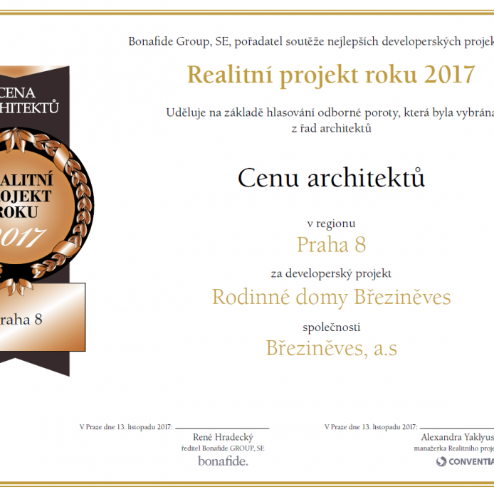 Family Houses Březiněves awarded Prague 8 Real Estate Project of the Year